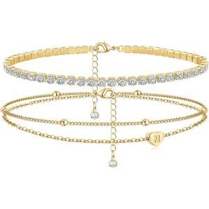 Initial Ankle Bracelets for Women, Dainty Gold Layered Heart CZ Bead Anklets, 14